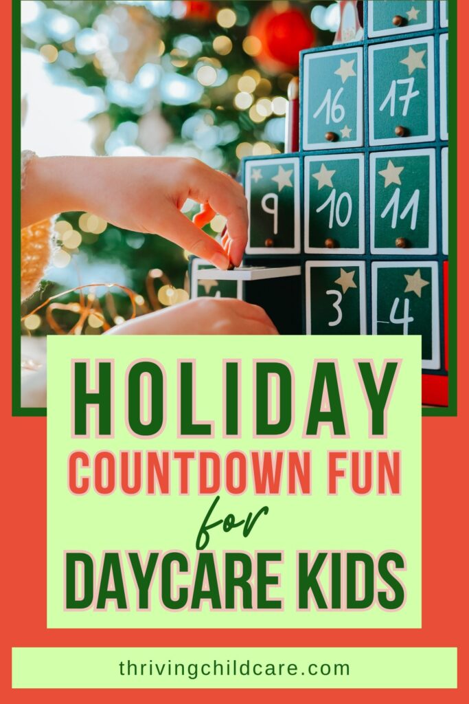 Childcare advent calendar with small bags and numbered tags used for daily holiday activities.