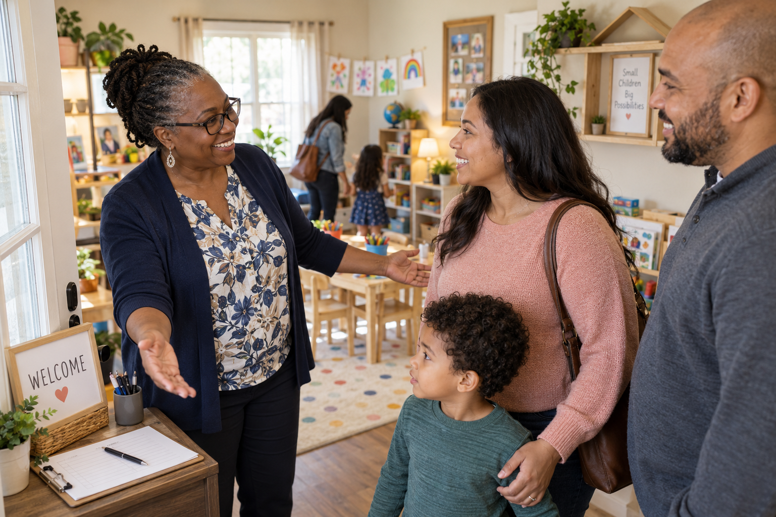 Childcare provider welcoming a parent and child to a home childcare open house